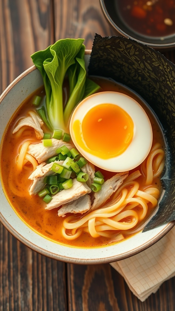 A bowl of chicken ramen with noodles, chicken, bok choy, and soft-boiled egg, garnished with green onions and nori.